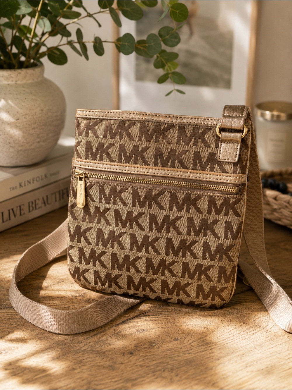 Michael Kors Beige and Brown MK Logo Messenger Bag